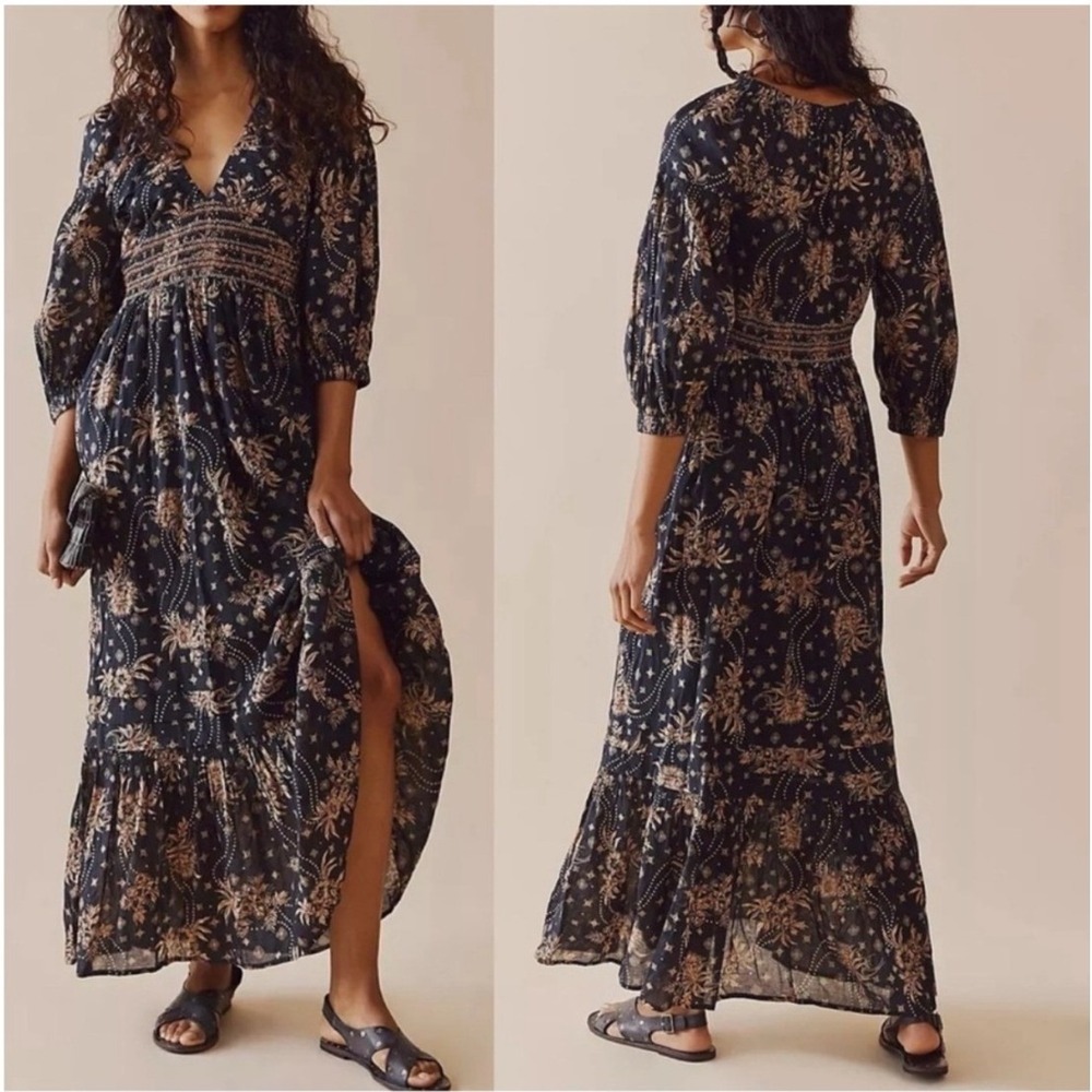 Free People Golden Hour Black Floral Smocked Waist Puff Sleeve Maxi Dress Sz S